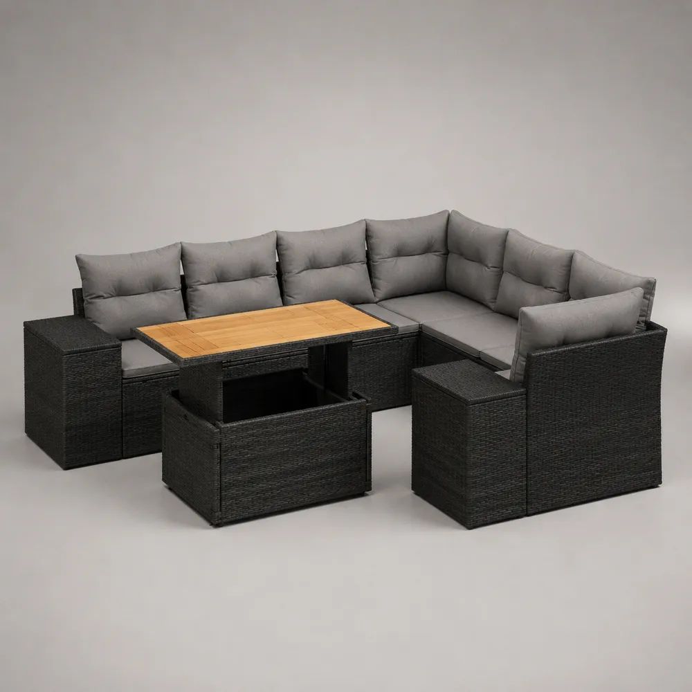 Salon de jardin d’angle 5 pièces en résine tressée noire avec coussins gris, 3 poufs et table réglable en bois – 260 × 200 × 75 cm