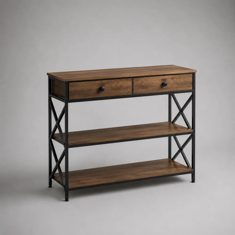 Console d’entrée rectangulaire en panneaux de particules et acier avec 2 tiroirs et 2 étagères, brun et noir, 100 × 30 × 85 cm