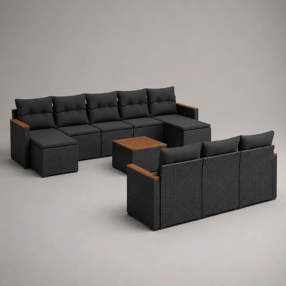 Salon de jardin modulable 8 places en résine tressée noire et bois brun naturel avec coussins et table basse, 300 x 210 x 72 cm