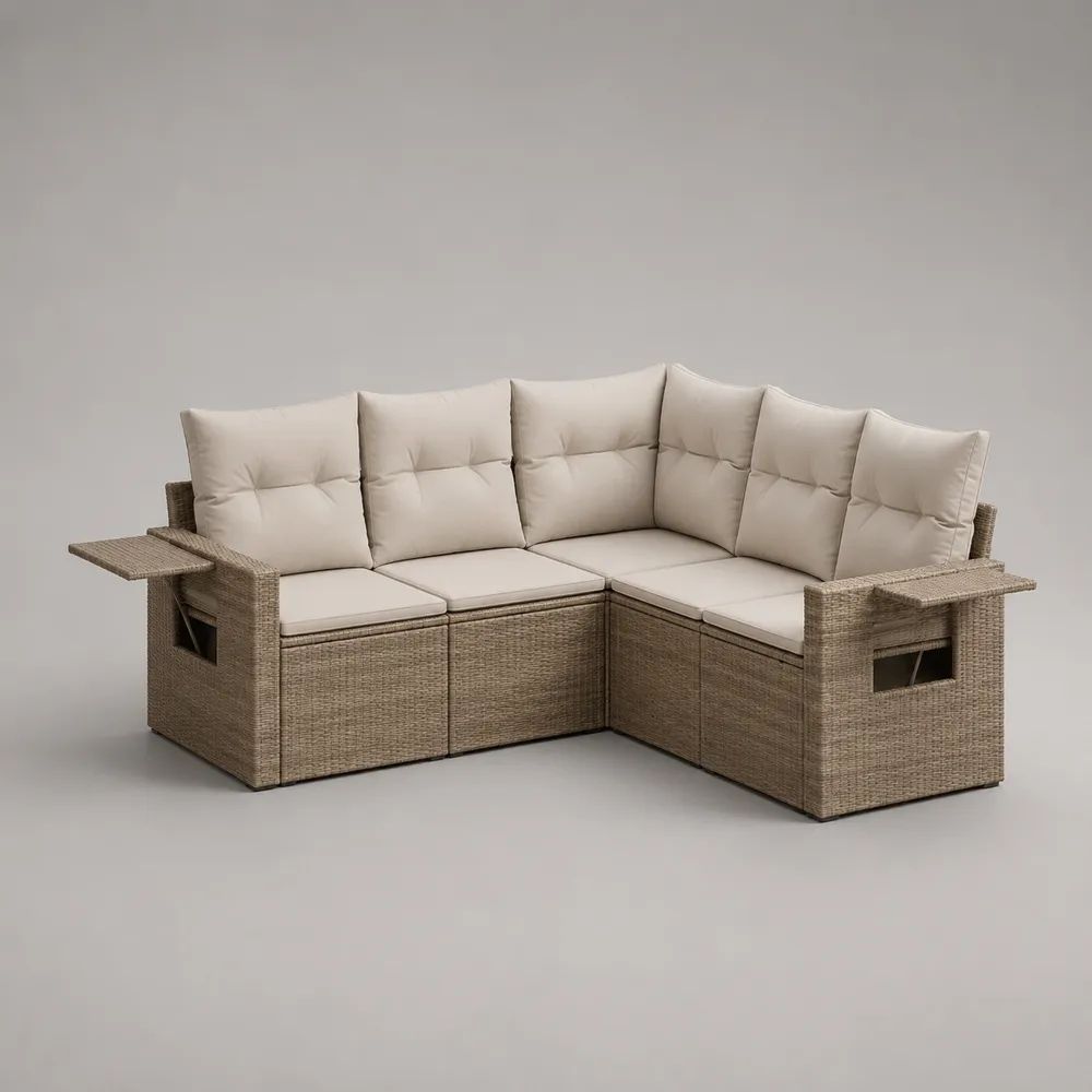 Salon de jardin d’angle 5 places en résine tressée taupe avec coussins beiges, 220 x 220 x 75 cm