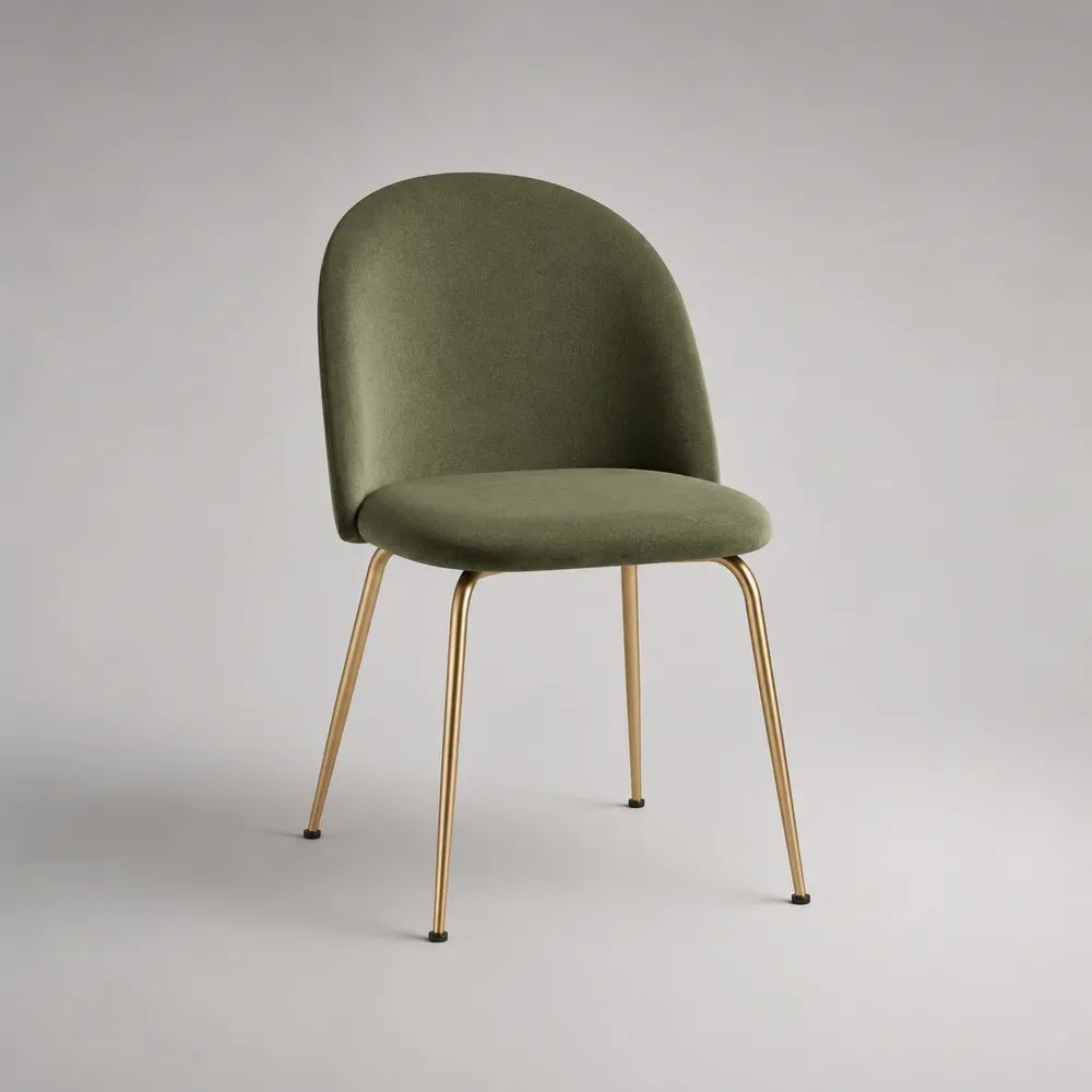 Chaise de salle à manger en velours vert olive, pieds en acier doré, dossier arrondi, 52 × 58 × 82 cm
