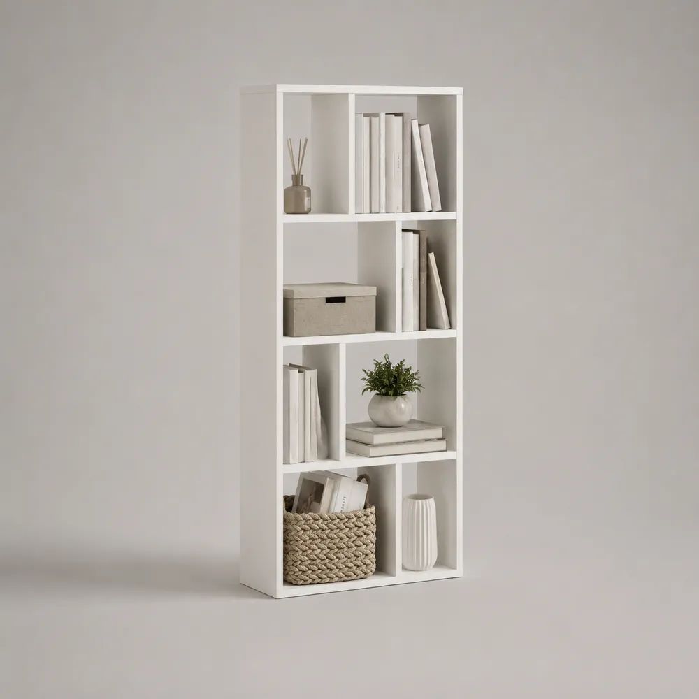 Bibliothèque étagère blanche en panneaux de particules mélaminés, 8 cases, 70 × 24 × 170 cm