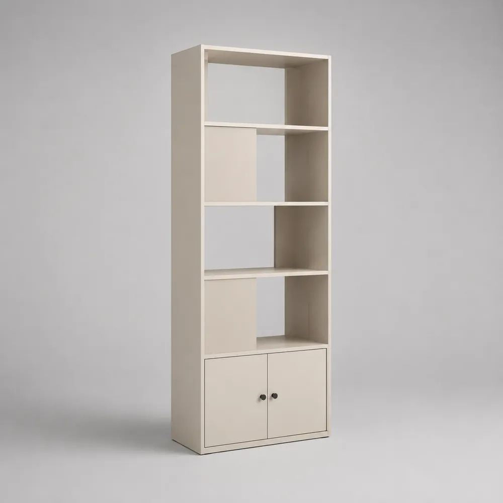 Bibliothèque haute rectangulaire en panneaux de particules, 7 niches et placard à 2 portes, ivoire, 60 × 30 × 180 cm