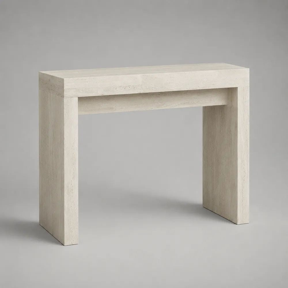 Console rectangulaire en MDF décor travertin blanc cassé et beige clair, 100 × 30 × 80 cm
