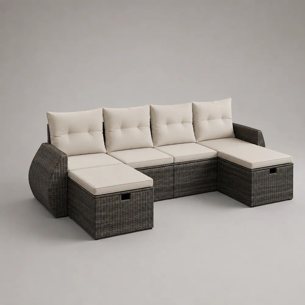 Salon de jardin extérieur en résine tressée, canapé 4 places avec 2 repose-pieds extractibles, gris anthracite et écru, 252 × 148 × 76 cm