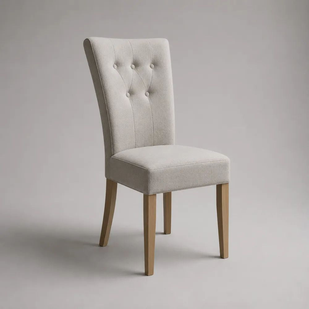 Chaise de salle à manger rembourrée en tissu et bois, dossier haut capitonné, beige et bois naturel, 45 × 56 × 98 cm