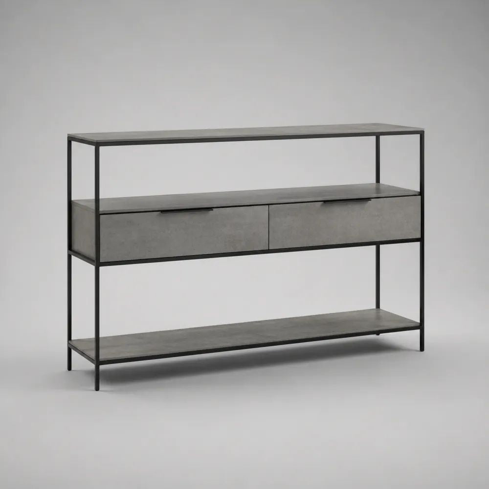 Console d’entrée rectangulaire avec 2 tiroirs et 2 étagères en MDF effet béton et acier noir, 120 × 35 × 85 cm, gris et noir