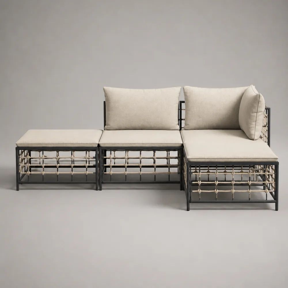 Salon de jardin modulable 3 pièces, canapé d’angle 3 places en acier et corde, beige clair et noir, 210 × 140 × 75 cm