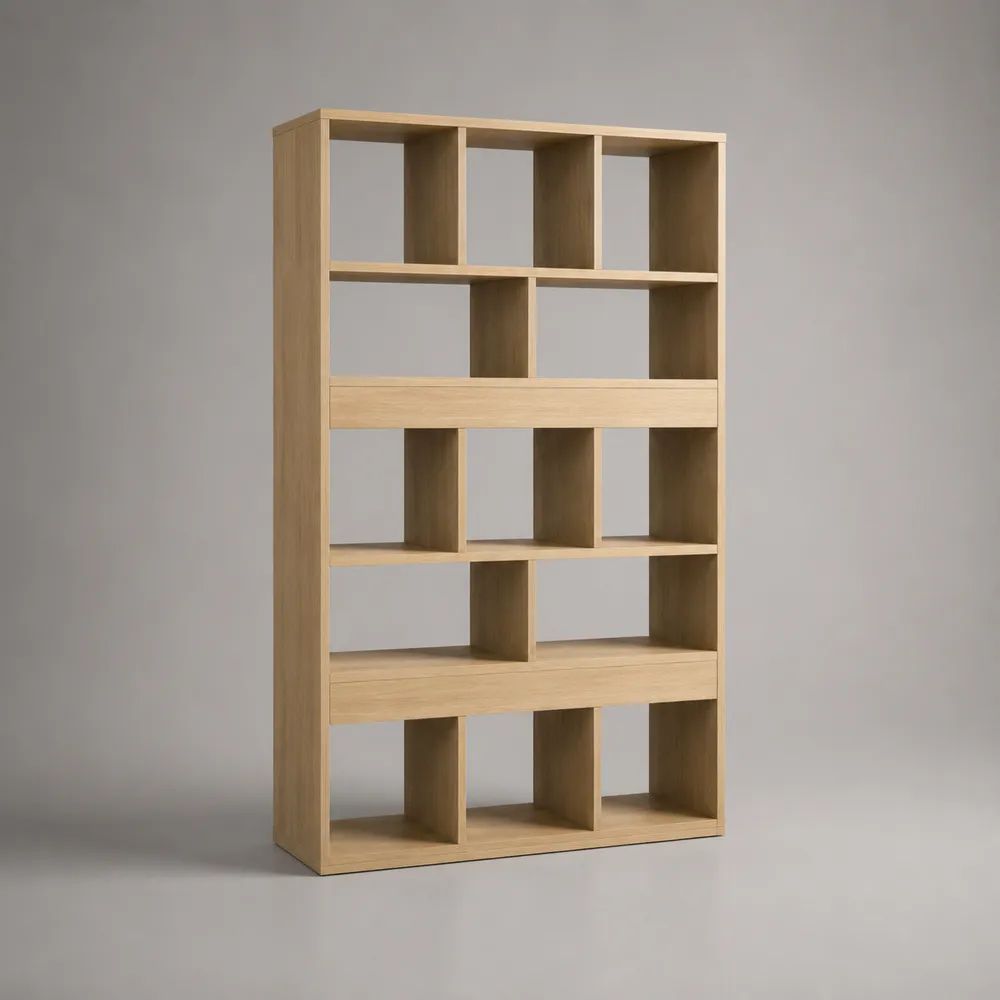 Bibliothèque ouverte rectangulaire en bois, 13 niches, chêne clair, 120 × 30 × 200 cm