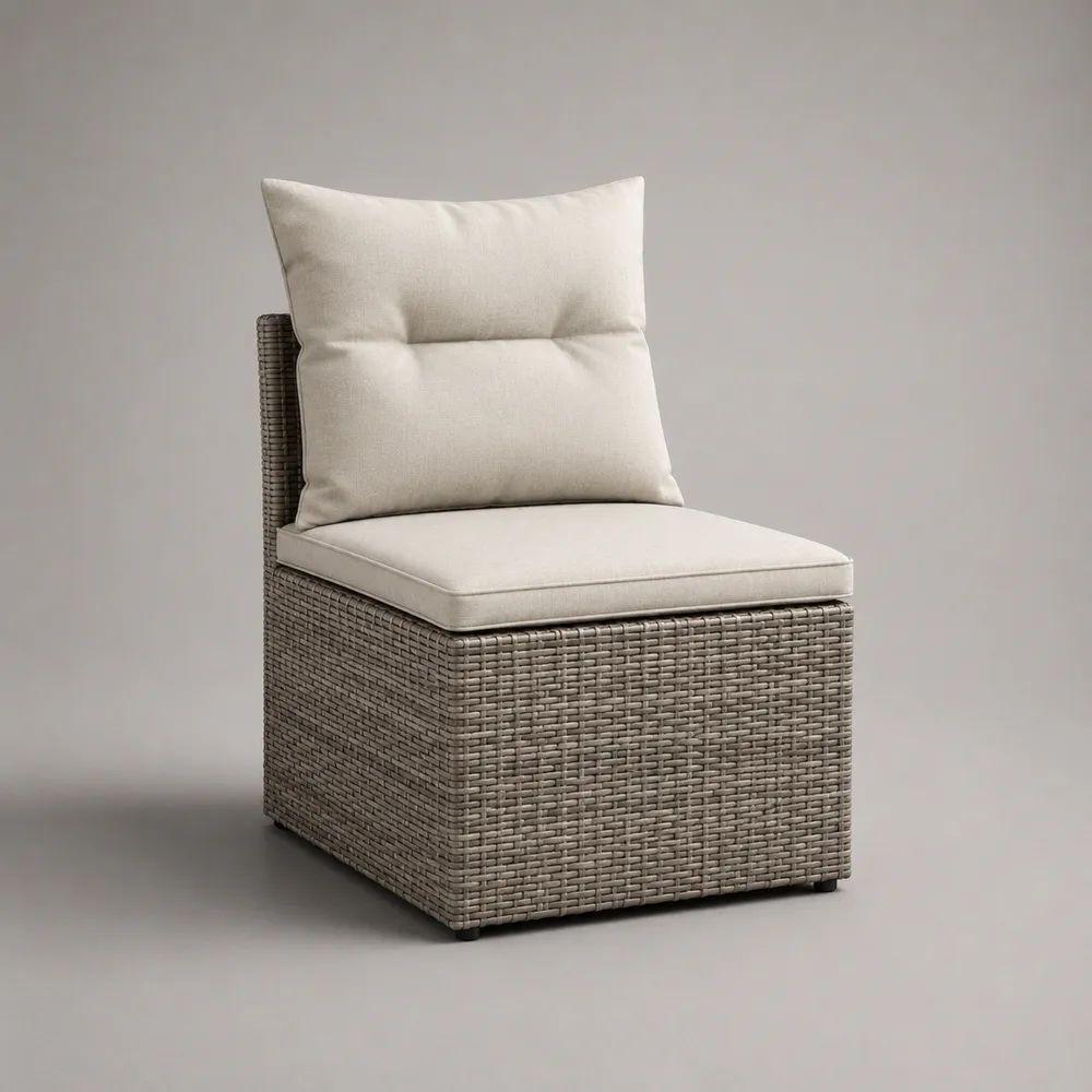 Fauteuil de jardin extérieur 1 place en résine tressée PE taupe avec coussins en polyester écru, 62 × 72 × 84 cm