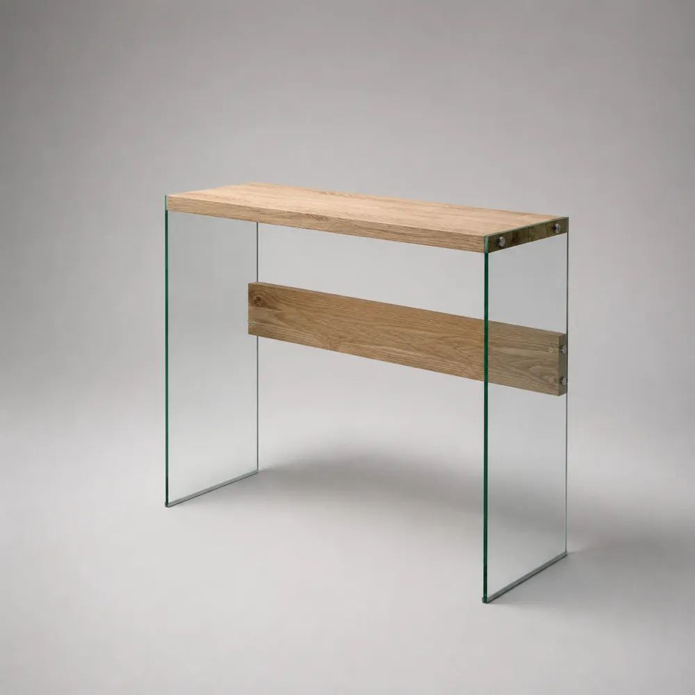 Console rectangulaire en chêne massif et verre trempé transparent, 100 × 35 × 76 cm, chêne naturel