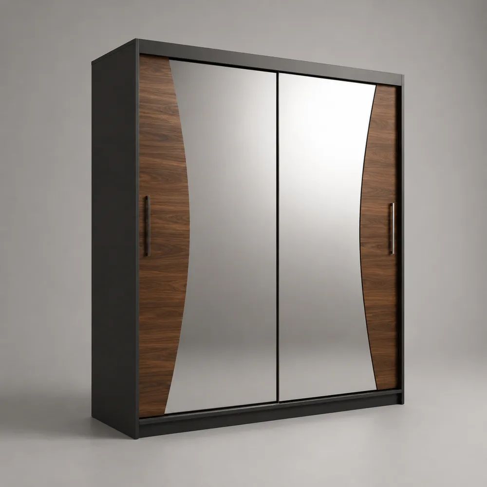 Armoire penderie en panneaux de particules mélaminés gris anthracite et décor noyer, 2 portes coulissantes avec miroirs, 180 x 60 x 200 cm