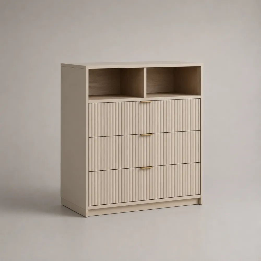 Commode rectangulaire 3 tiroirs et 2 niches en MDF et panneaux mélaminés, beige, taupe et doré, 80 x 40 x 90 cm