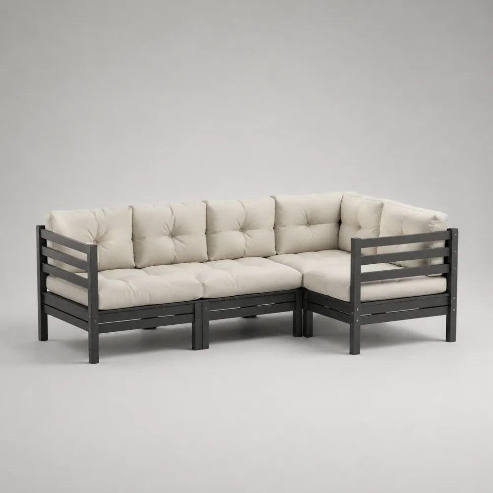Canapé d’angle de jardin modulable 3 places en bois, 3 modules, gris anthracite et beige, 204 × 136 × 76 cm
