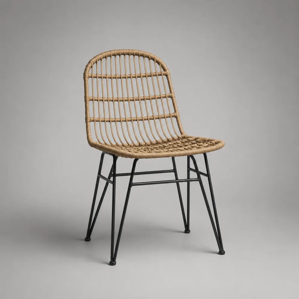 Chaise de salle à manger en résine tressée et acier, naturel et noir, 52 × 58 × 87 cm