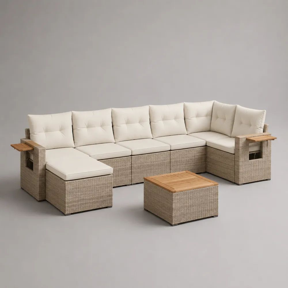 Salon de jardin modulable 6 places en résine tressée et acier avec coussins et table basse, beige taupe, écru et bois naturel, 320 × 210 × 75 cm