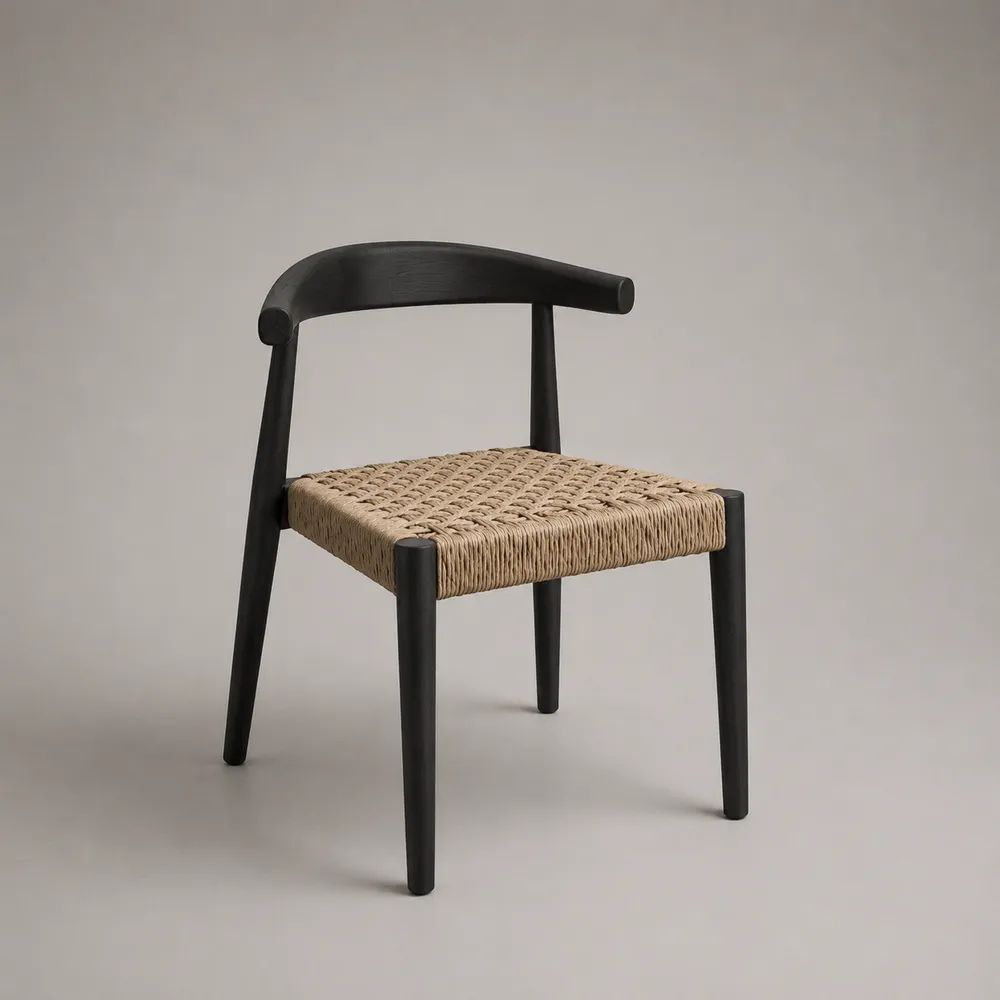 Chaise de salle à manger en bois massif noir avec assise tressée en corde de papier beige naturel, 55 x 53 x 76 cm