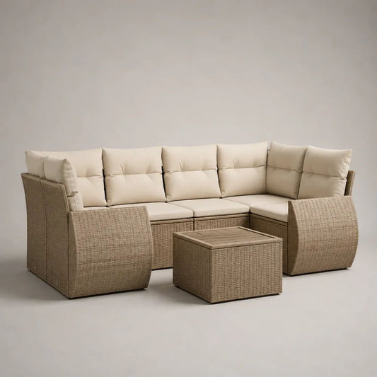 Salon de jardin extérieur 4 pièces avec canapé d’angle en résine tressée beige taupe 230 x 160 x 85 cm et table basse 70 x 70 x 45 cm