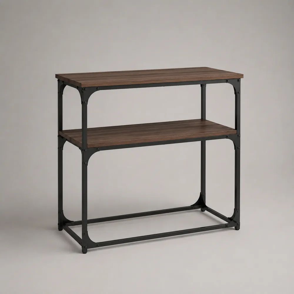 Console d’entrée rectangulaire à 2 plateaux en panneaux de particules décor noyer foncé et acier noir, 100 × 35 × 90 cm