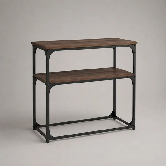 Console d’entrée rectangulaire à 2 plateaux en panneaux de particules décor noyer foncé et acier noir, 100 × 35 × 90 cm