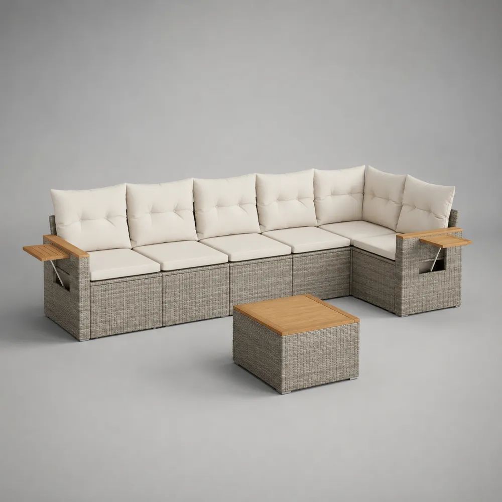Ensemble salon de jardin d’angle 6 places en résine tressée gris avec coussins crème et table basse, 275 x 210 x 85 cm