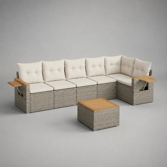 Ensemble salon de jardin d’angle 6 places en résine tressée gris avec coussins crème et table basse, 275 x 210 x 85 cm