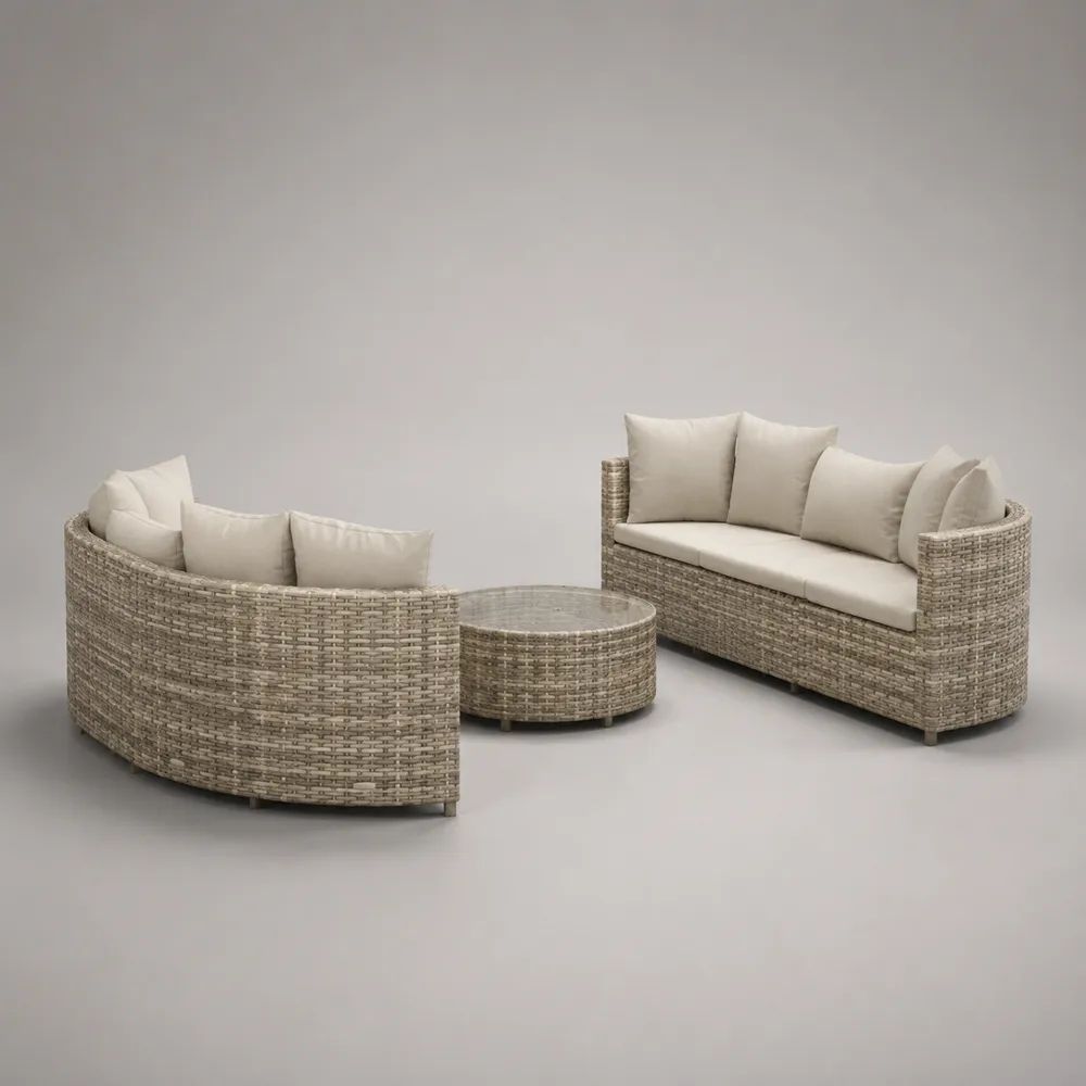Salon de jardin 3 pièces 6 places en résine tressée taupe et tissu beige clair avec 2 canapés courbes 190 × 88 × 78 cm et table basse 105 × 65 × 42 cm