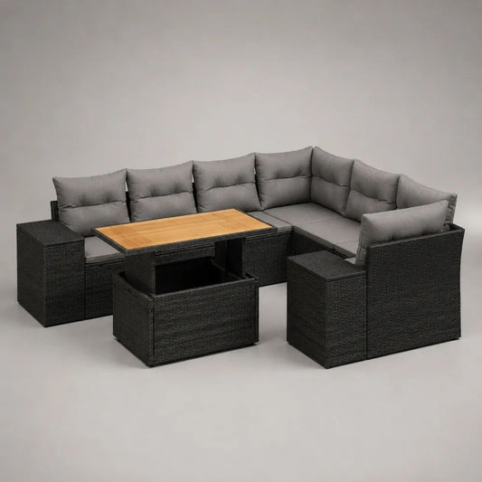 Salon de jardin d’angle 5 pièces en résine tressée noire avec coussins gris, 3 poufs et table réglable en bois – 260 × 200 × 75 cm