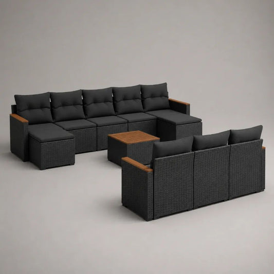 Salon de jardin modulable 8 places en résine tressée noire et bois brun naturel avec coussins et table basse, 300 x 210 x 72 cm