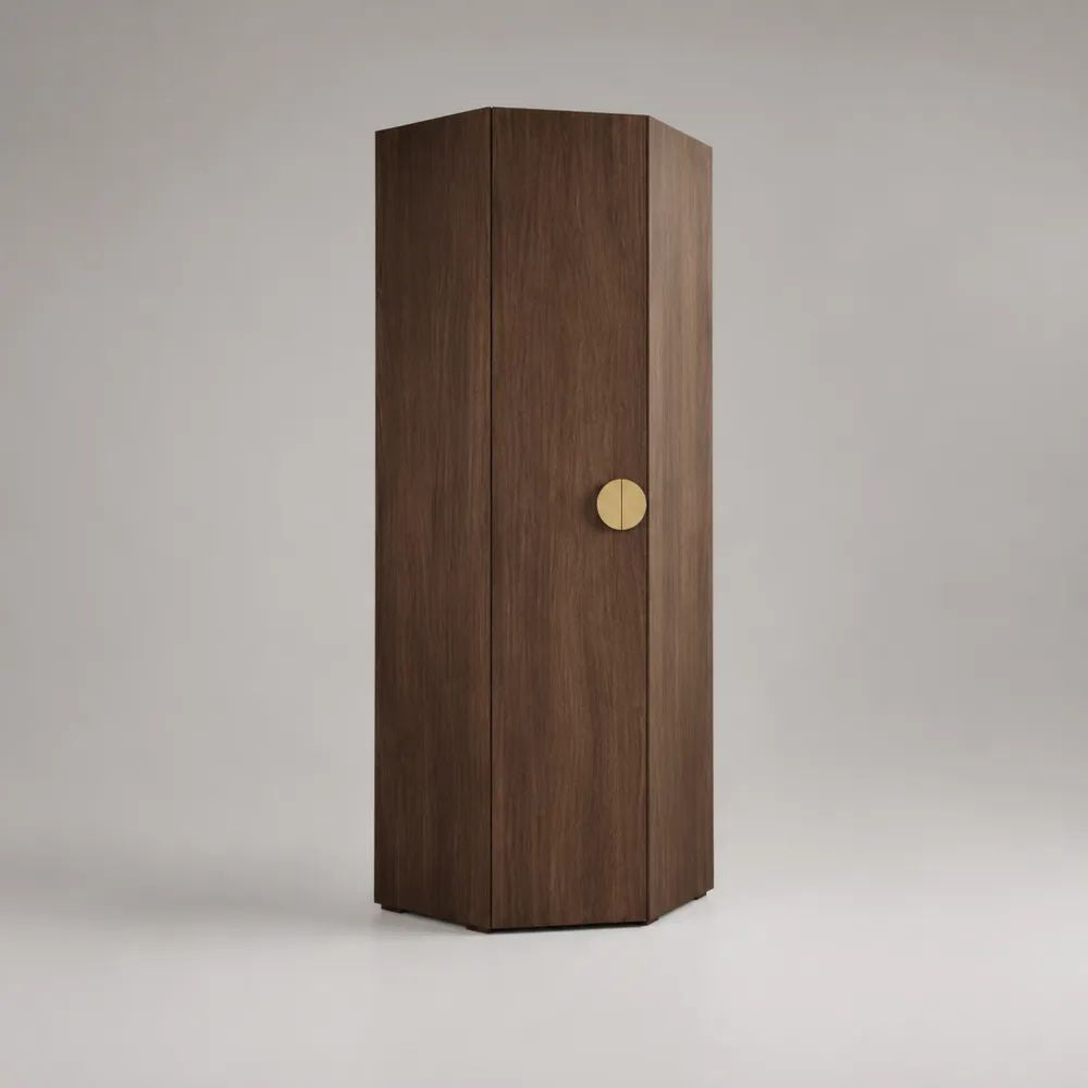 Armoire d’angle 2 portes en MDF mélaminé effet noyer foncé, forme pentagonale, 90 × 90 × 200 cm
