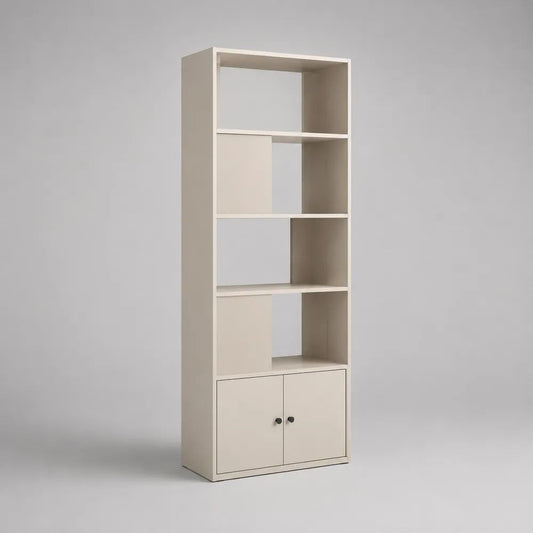 Bibliothèque haute rectangulaire en panneaux de particules, 7 niches et placard à 2 portes, ivoire, 60 × 30 × 180 cm