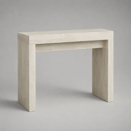 Console rectangulaire en MDF décor travertin blanc cassé et beige clair, 100 × 30 × 80 cm