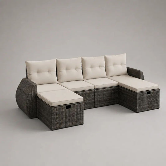 Salon de jardin extérieur en résine tressée, canapé 4 places avec 2 repose-pieds extractibles, gris anthracite et écru, 252 × 148 × 76 cm