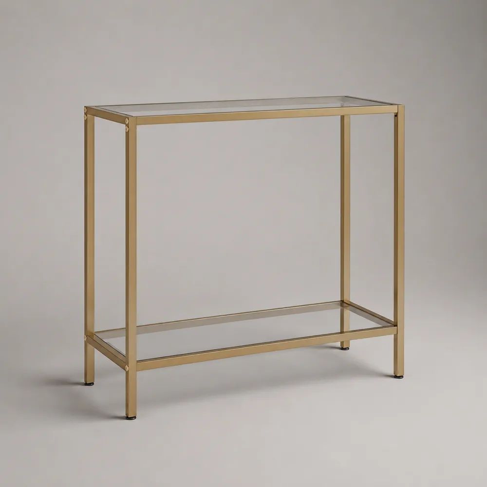 Console d’entrée rectangulaire en acier doré avec 2 plateaux en verre trempé, 80 × 30 × 80 cm