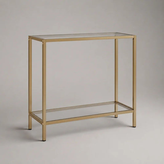 Console d’entrée rectangulaire en acier doré avec 2 plateaux en verre trempé, 80 × 30 × 80 cm