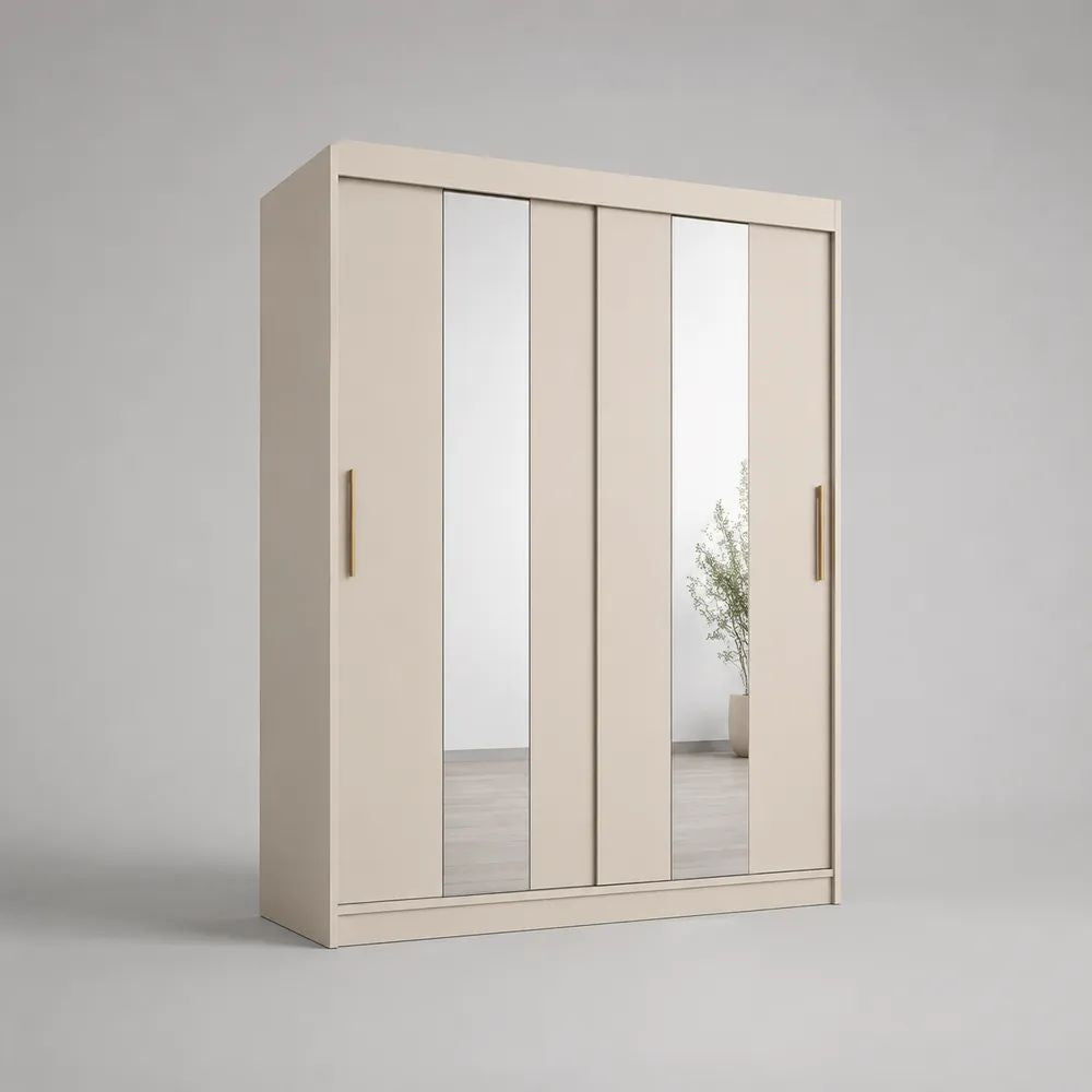 Armoire de chambre à 2 portes coulissantes avec 2 miroirs en panneaux de particules mélaminés beige, 160 × 60 × 200 cm