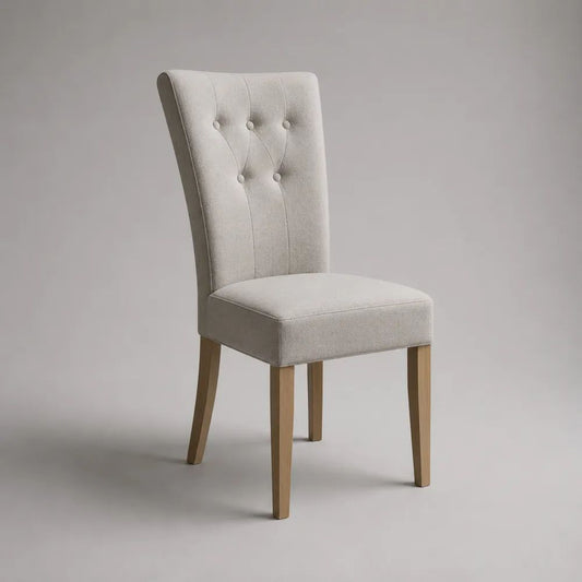 Chaise de salle à manger rembourrée en tissu et bois, dossier haut capitonné, beige et bois naturel, 45 × 56 × 98 cm