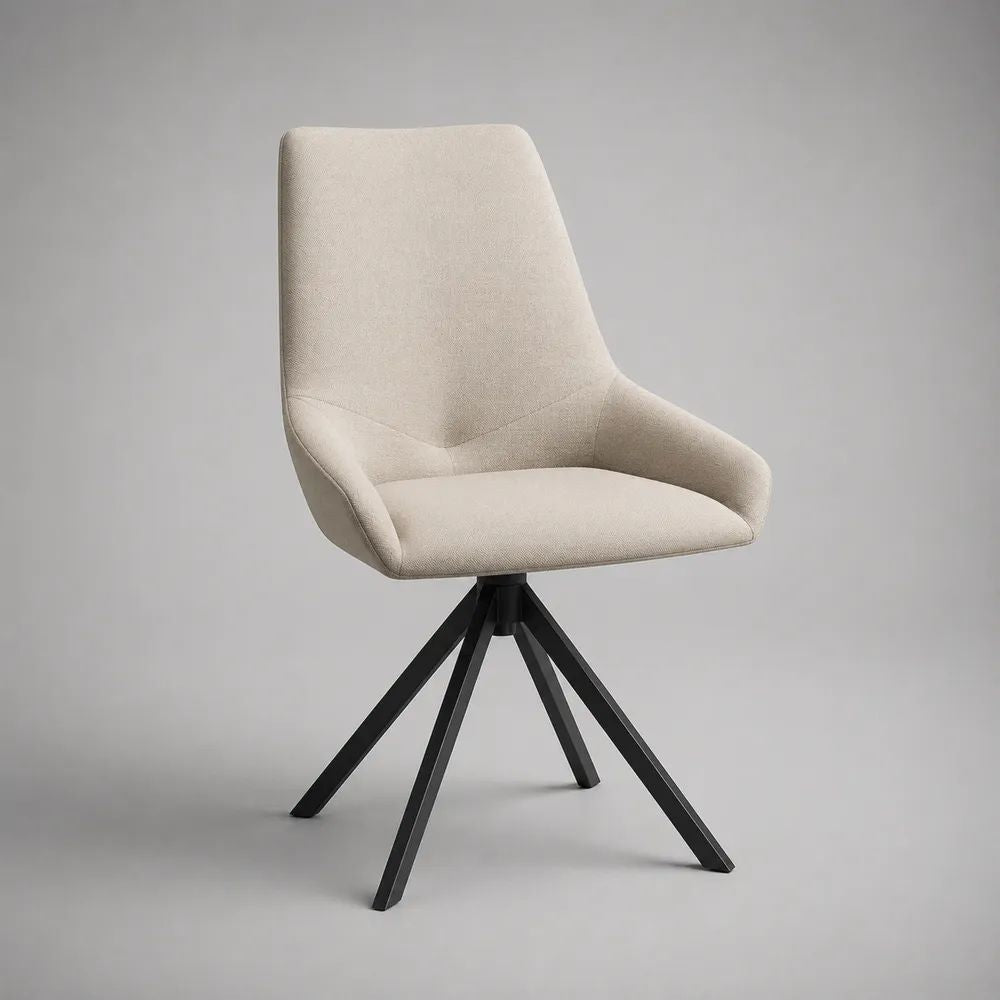 Chaise de salle à manger pivotante rembourrée en polyester beige avec pieds en acier noir, 58 × 61 × 84 cm
