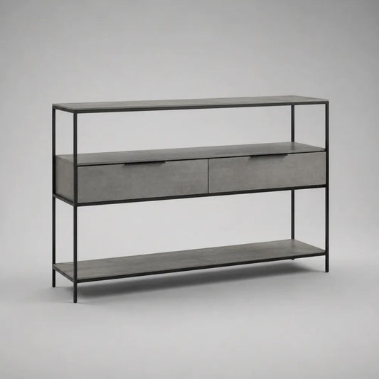 Console d’entrée rectangulaire avec 2 tiroirs et 2 étagères en MDF effet béton et acier noir, 120 × 35 × 85 cm, gris et noir