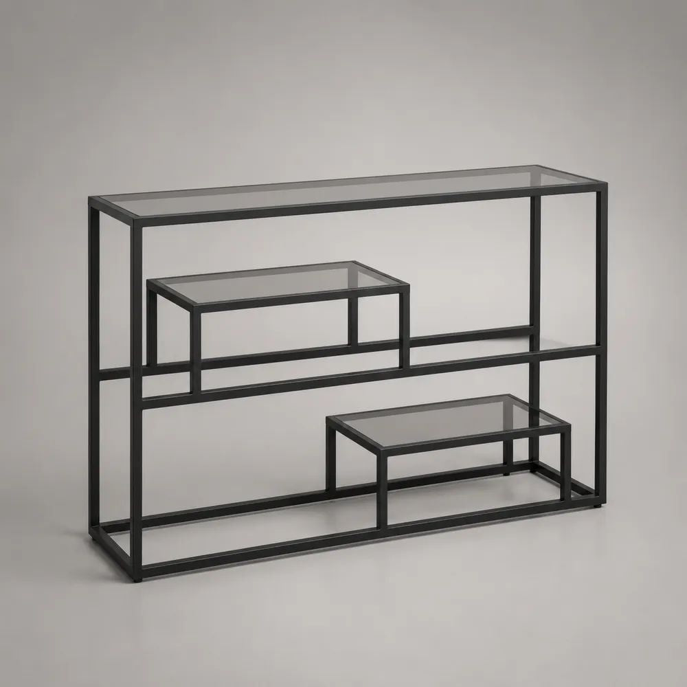 Console rectangulaire en acier noir et verre transparent, 120 × 30 × 80 cm