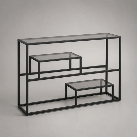 Console rectangulaire en acier noir et verre transparent, 120 × 30 × 80 cm