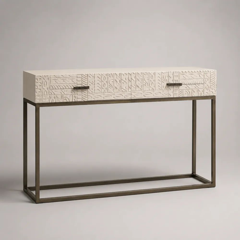 Console rectangulaire à 2 tiroirs en bois et métal, blanc et bronze, 120 × 35 × 80 cm