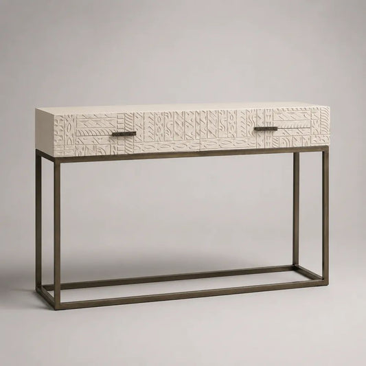 Console rectangulaire à 2 tiroirs en bois et métal, blanc et bronze, 120 × 35 × 80 cm