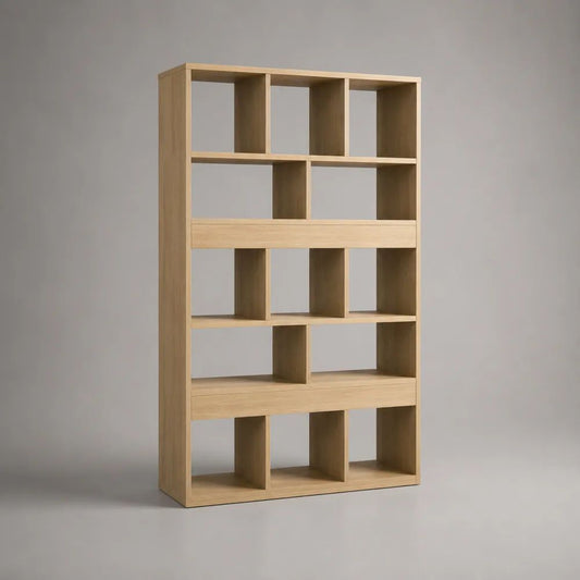 Bibliothèque ouverte rectangulaire en bois, 13 niches, chêne clair, 120 × 30 × 200 cm