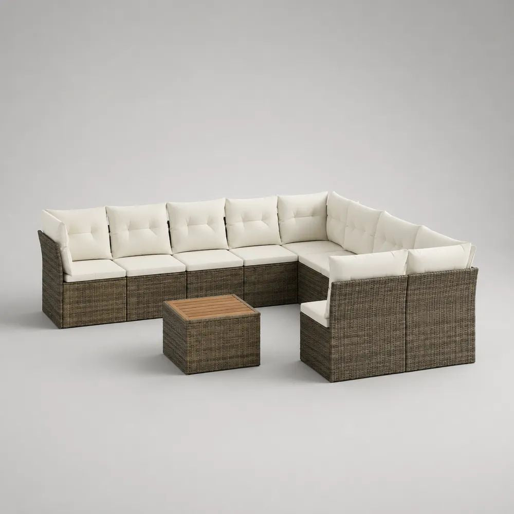 Salon de jardin modulable 9 pièces 8 places en résine tressée marron avec coussins crème et table basse, 350 × 210 × 60,5 cm