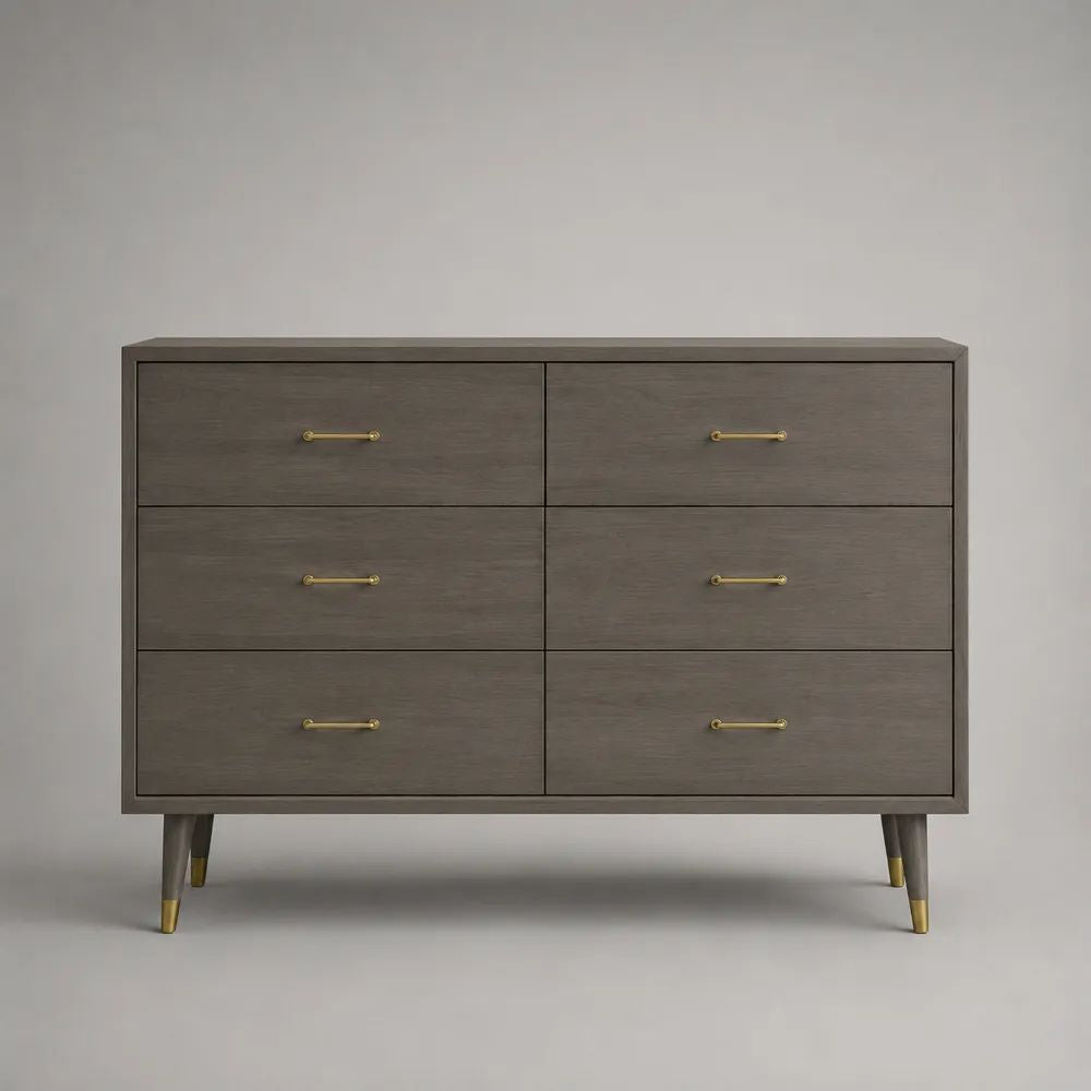 Commode basse rectangulaire à 6 tiroirs en MDF plaqué frêne et bois massif, gris taupe et laiton, 120 × 40 × 82 cm