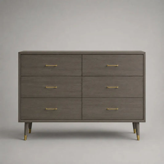 Commode basse rectangulaire à 6 tiroirs en MDF plaqué frêne et bois massif, gris taupe et laiton, 120 × 40 × 82 cm