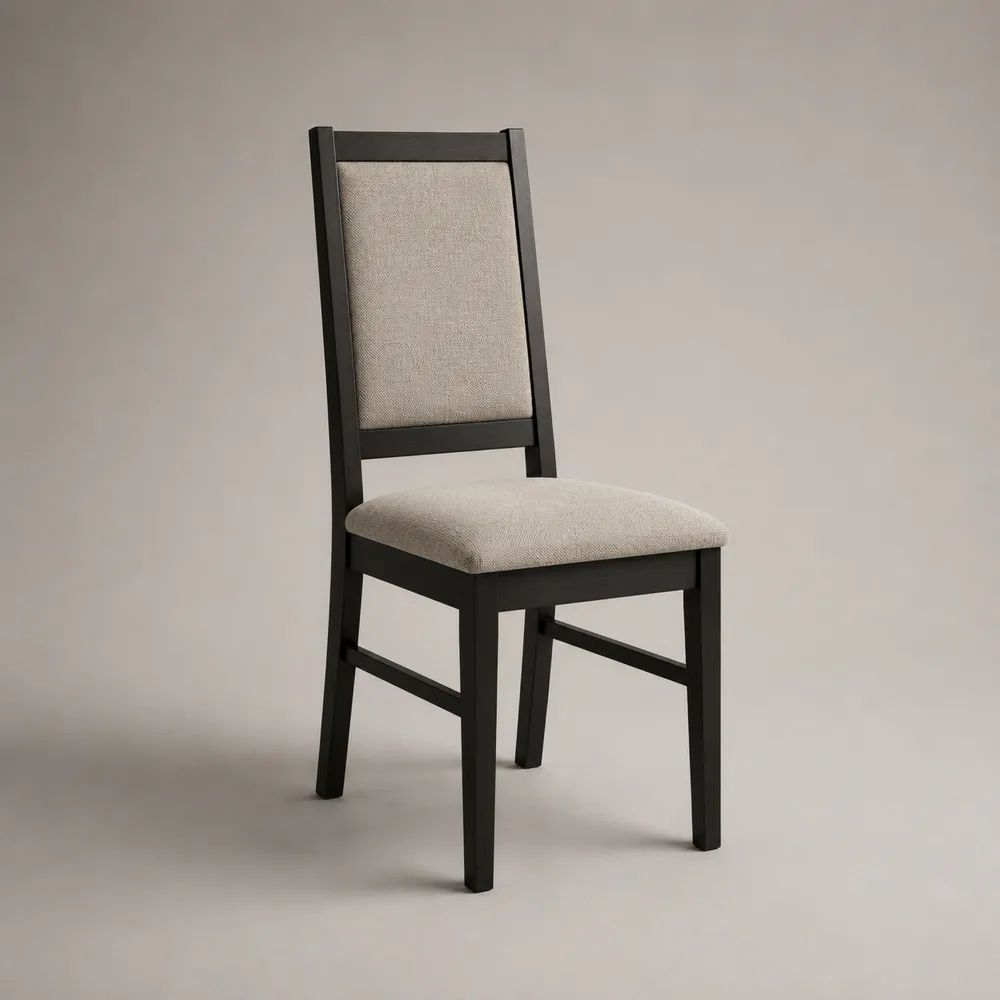 Chaise rembourrée en tissu beige avec cadre en bois noir et dossier rectangulaire, 44 × 52 × 96 cm