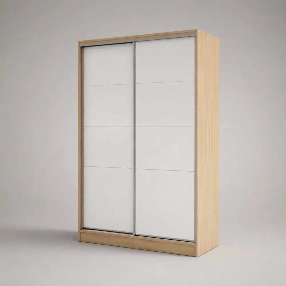 Armoire penderie rectangulaire à 2 portes coulissantes en panneaux de particules mélaminés, chêne clair et blanc, 120 × 60 × 200 cm
