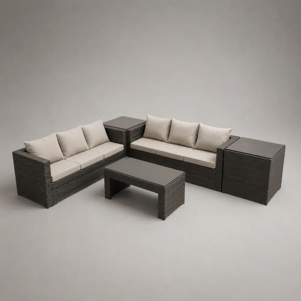 Salon de jardin extérieur 5 pièces en résine tressée gris foncé et tissu beige, 2 canapés 3 places 190 × 75 × 65 cm, table basse 100 × 60 × 45 cm et 2 tables d’appoint 70 × 70 × 65 cm